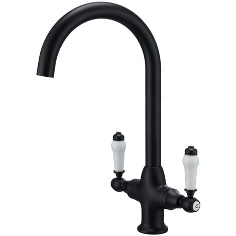 Twin Handle Kitchen Tap – Matt Black with White Levers