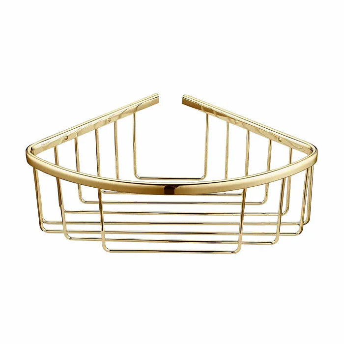 Alpha Brushed Brass Corner Basket – Wall Mounted Bathroom Storage Rack