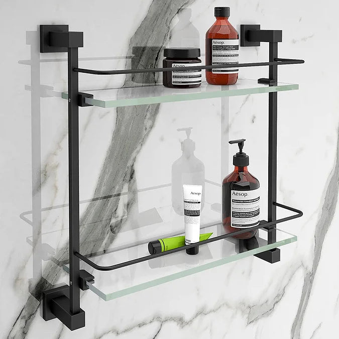 Moda Matte Black Double Glass Shelf – Wall Mounted Bathroom Storage Organizer