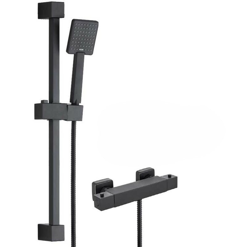Thermostatic Square Shower Mixer Valve with Slider Rail Kit – Matt Black Finish