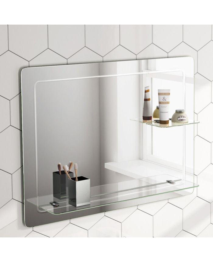 Round Corner Bathroom Mirror with Glass Shelf | Modern Wall Mounted