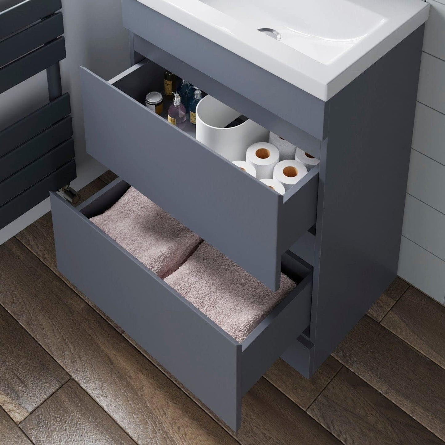 HARROW 600 Floorstanding Twin Drawer Matt Grey Ceramic Basin 610w x 840h x 395d
