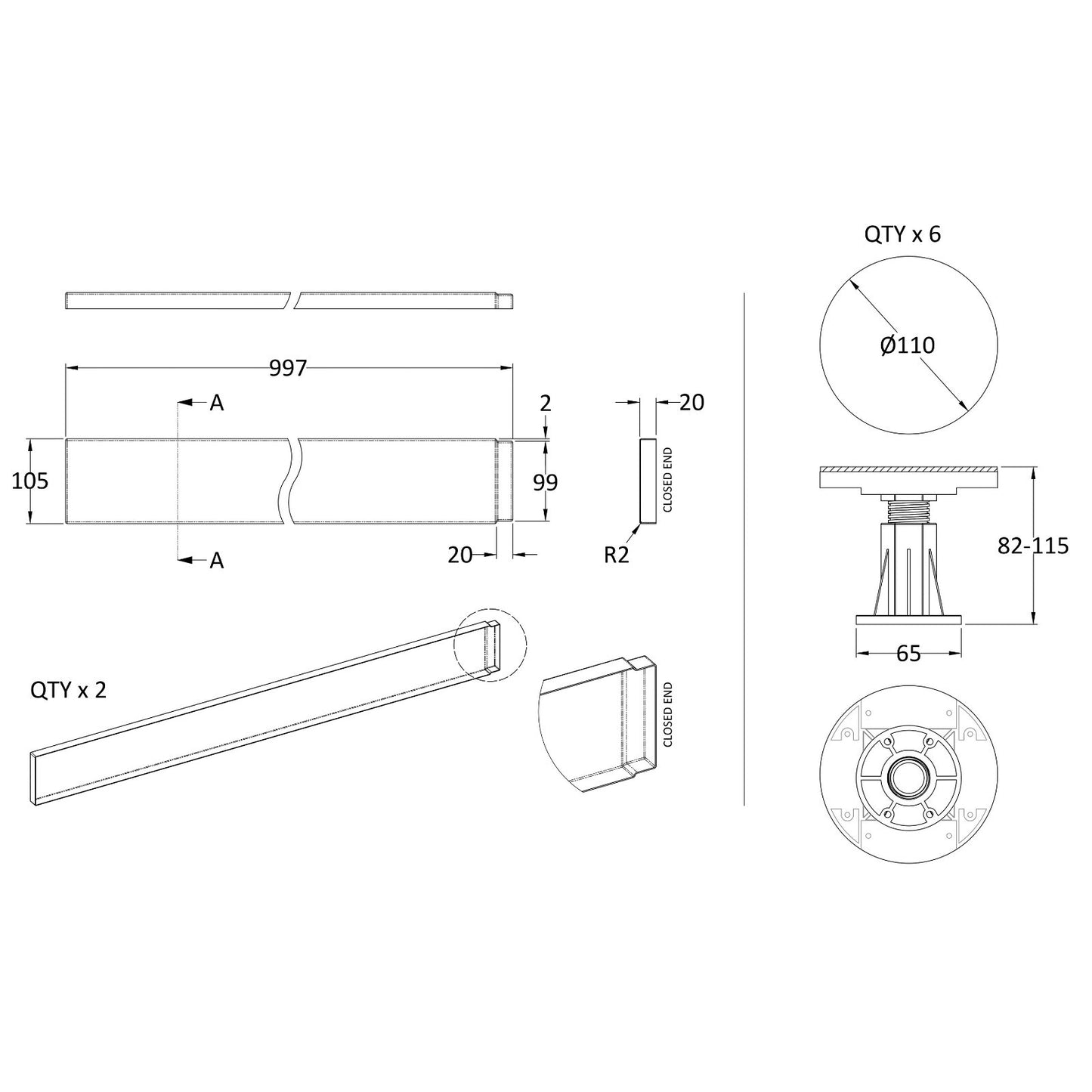 Shower Tray Leg Set & Plinth for Square & Rectangle Shower Trays 700-900mm