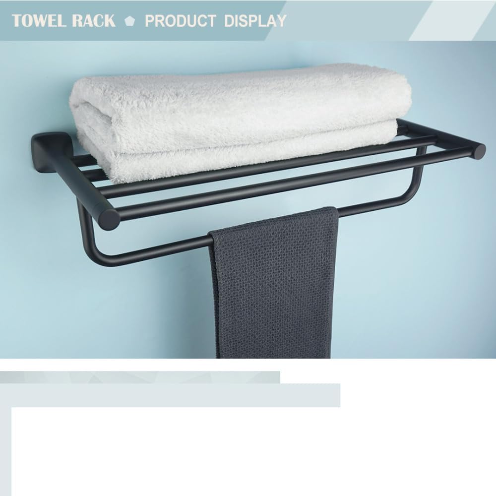 Moda Matte Black Towel Shelf with Hanging Bar – Wall Mounted Bathroom Rack