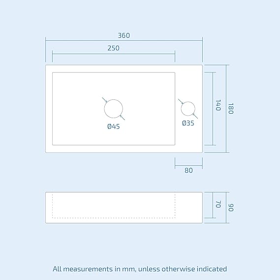 Right Handed Countertop or Wall Hung Basin | Compact Ceramic Sink 180x370mm