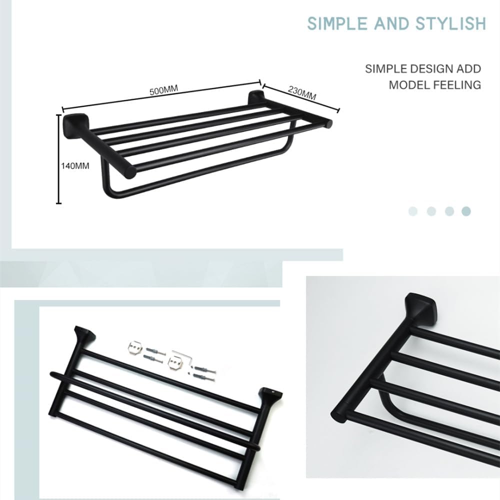 Moda Matte Black Towel Shelf with Hanging Bar – Wall Mounted Bathroom Rack