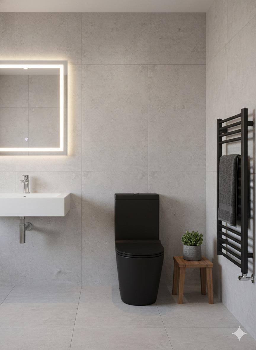 Raven Rimless round Close Coupled Toilet & Soft Close Seat Matt Black 370w x390h x620d