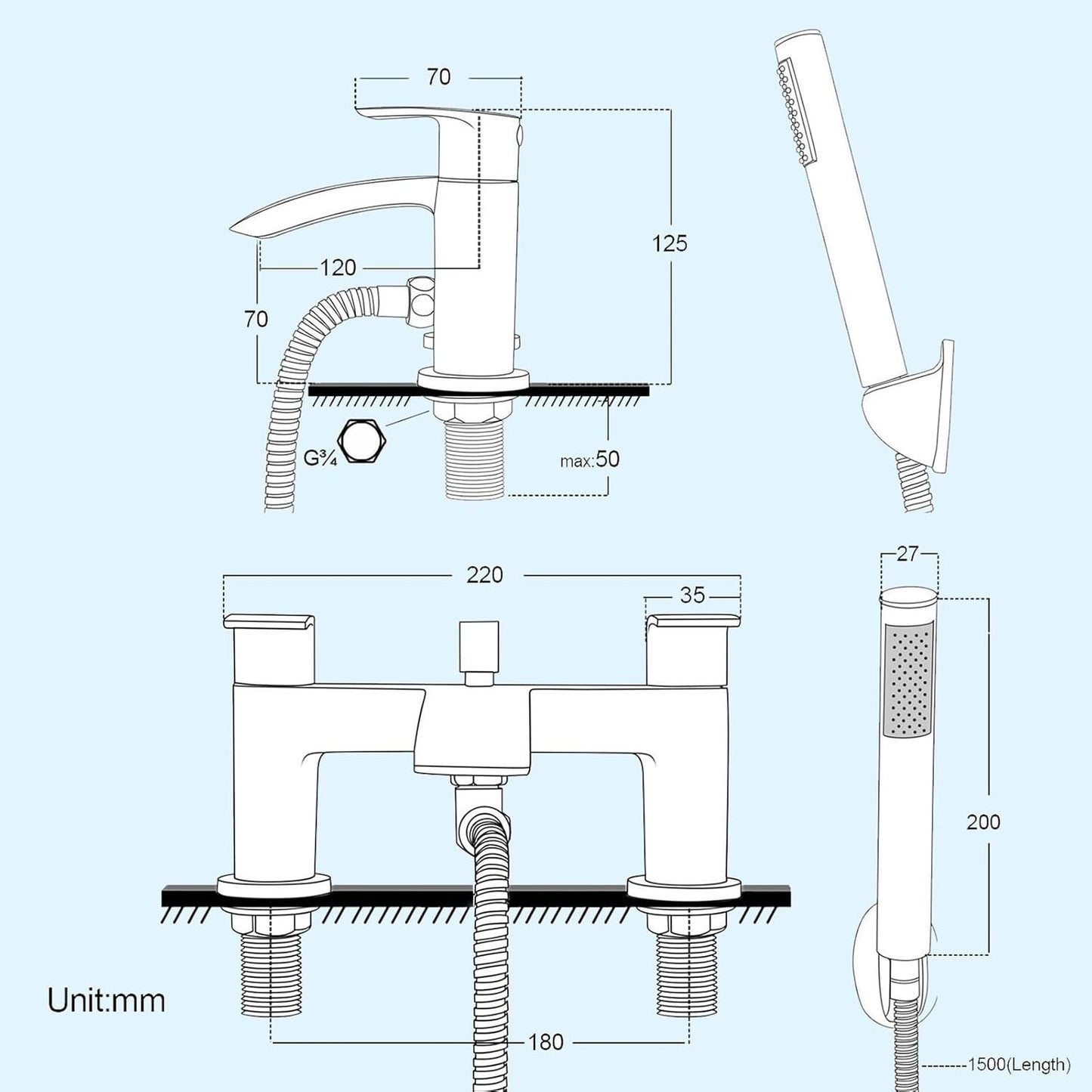 Sleek Chrome Bath Shower Mixer Tap with Handheld Shower Kit & Wall Bracket