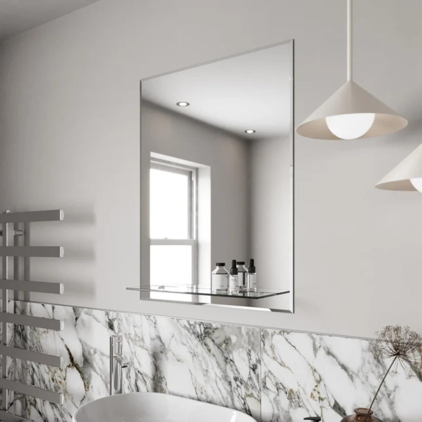 Straight Corner Bathroom Mirror with Glass Shelf | Modern Wall Mounted 500w x 700h x 10d