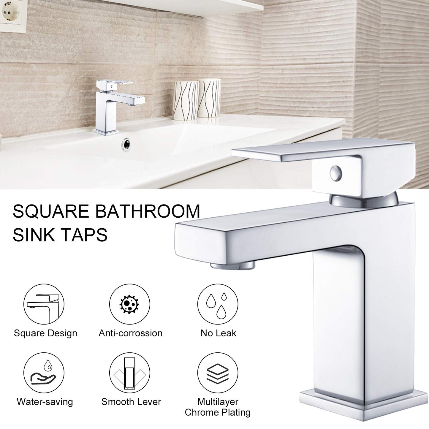 WasserRhythm Basin Taps Square Bathroom Sink Taps Mixers Chrome Brass Monobloc