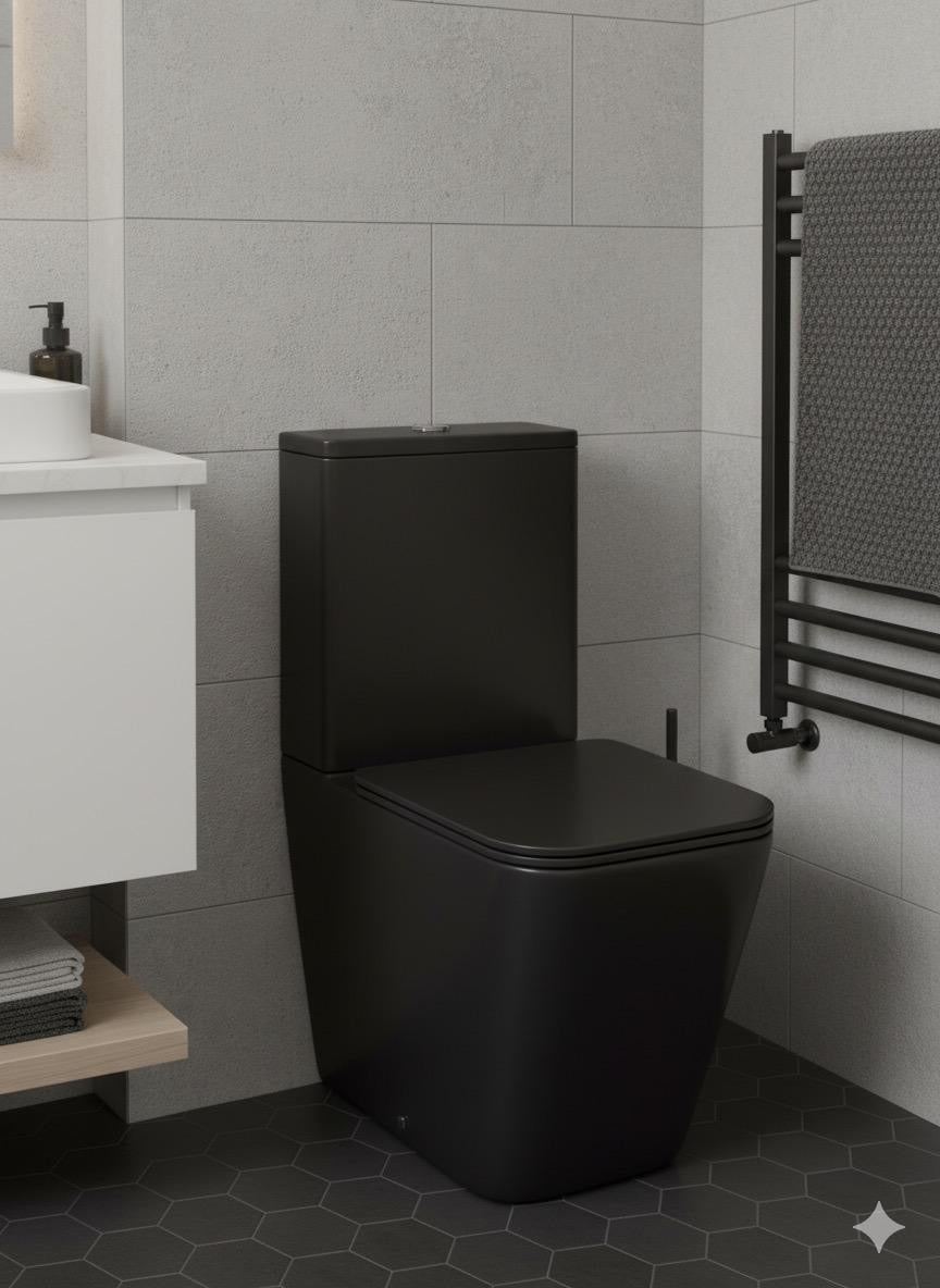 Raven Rimless Square Close Coupled Toilet & Soft Close Seat Black 360w x 405h x 645d