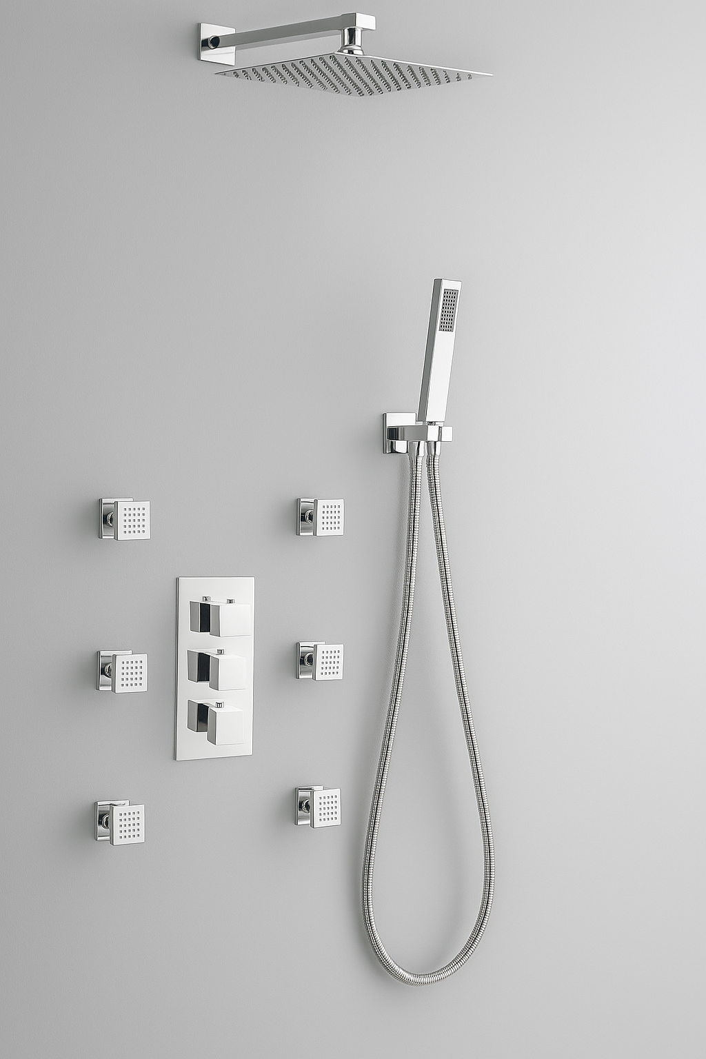 Luxury Concealed Thermostatic Shower System with Rain Shower, Handset & 6 Body Jets – Chrome Finish