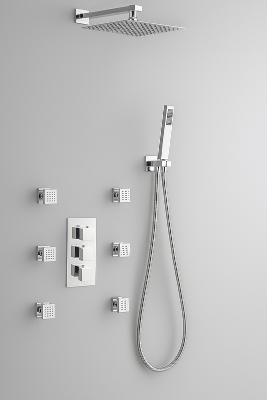 Luxury Concealed Thermostatic Shower System with Rain Shower, Handset & 6 Body Jets – Chrome Finish