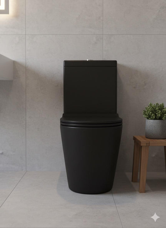 Raven Rimless round Close Coupled Toilet & Soft Close Seat Matt Black 370w x390h x620d