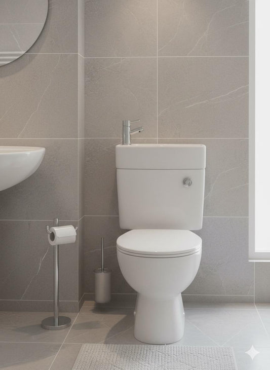 Modern White Toilet with Compact Design and Chrome Flush Button 420w x 400h x 670d