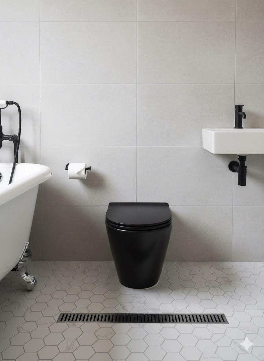 Raven Rimless round back to Wall Hung Toilet with Soft Close Seat Matt Black 360w x 405h x 545d