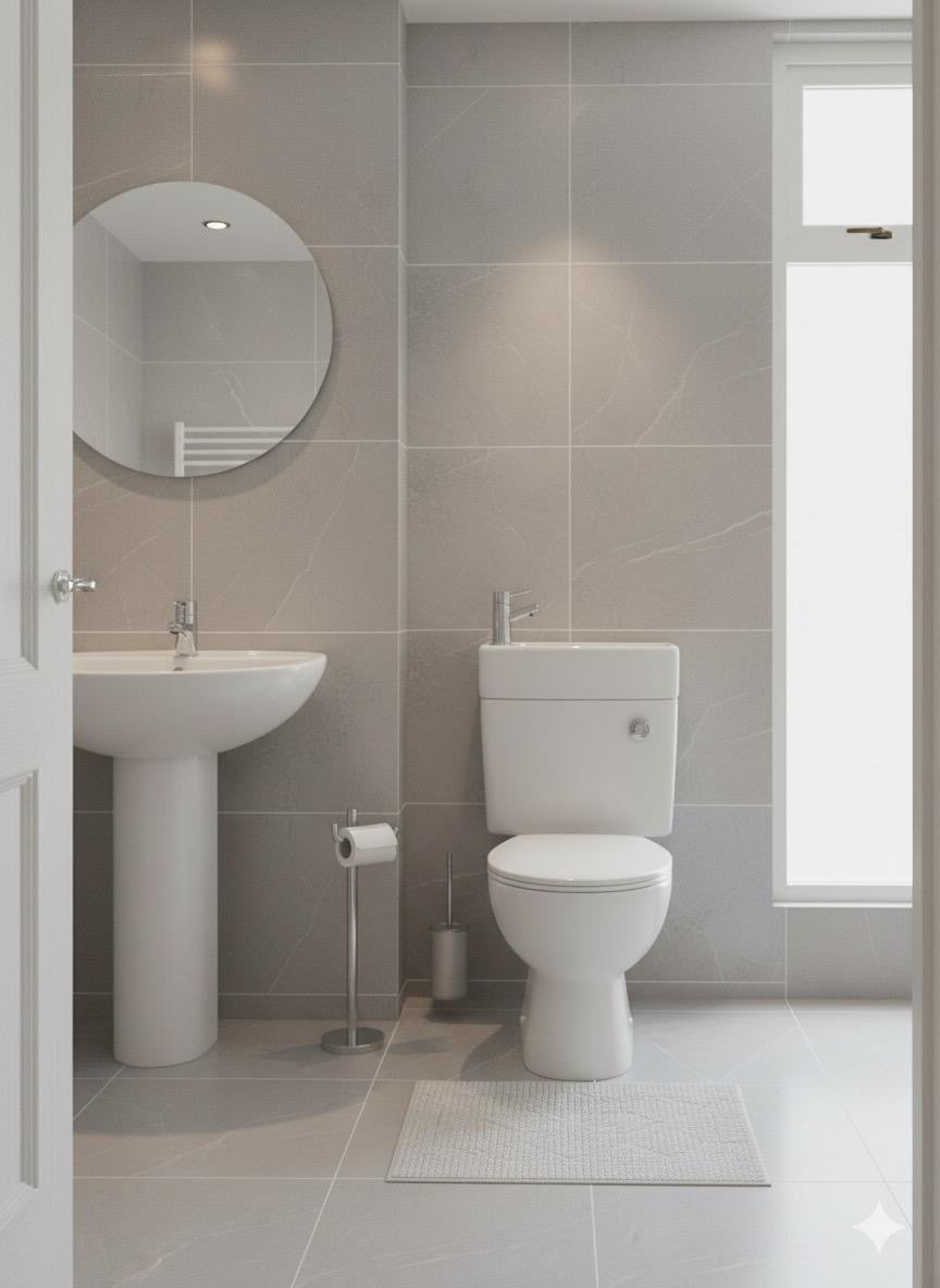 Modern White Toilet with Compact Design and Chrome Flush Button 420w x 400h x 670d