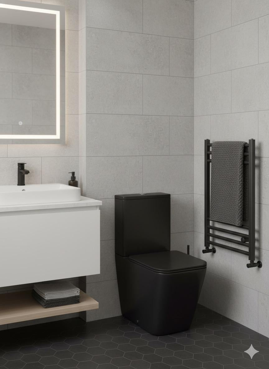Raven Rimless Square Close Coupled Toilet & Soft Close Seat Black 360w x 405h x 645d