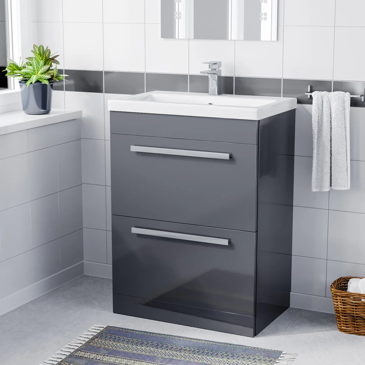 DEVON 600 Floorstanding Drawers Matt Grey • Ceramic Basin | 610w x 790h x 395d