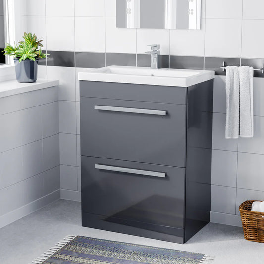 DEVON 600 Floorstanding Drawers Matt Grey • Ceramic Basin | 610w x 790h x 395d