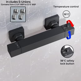 Square Matte Black Thermostatic Shower Bar Valve with Single Outlet
