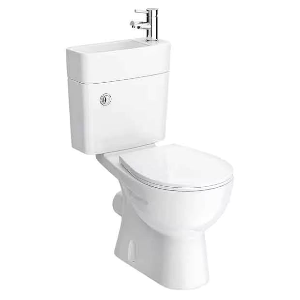 Modern White Toilet with Compact Design and Chrome Flush Button 420w x 400h x 670d
