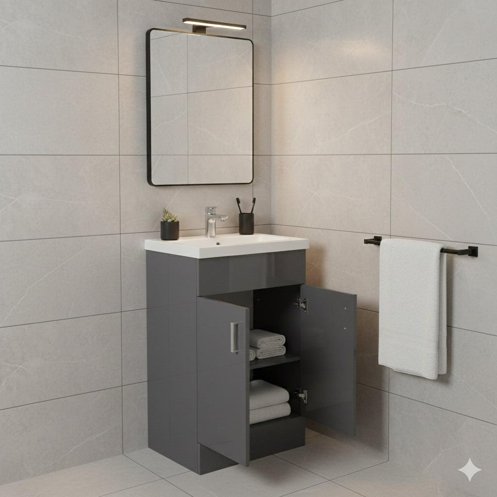 DEVON 600 Floorstanding Doors Anthracite  Ceramic Basin | 610w x 835h x 395d