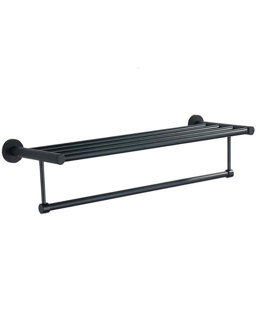 Alpha Matte Black Towel Shelf with Bar – Wall Mounted Bathroom Organizer
