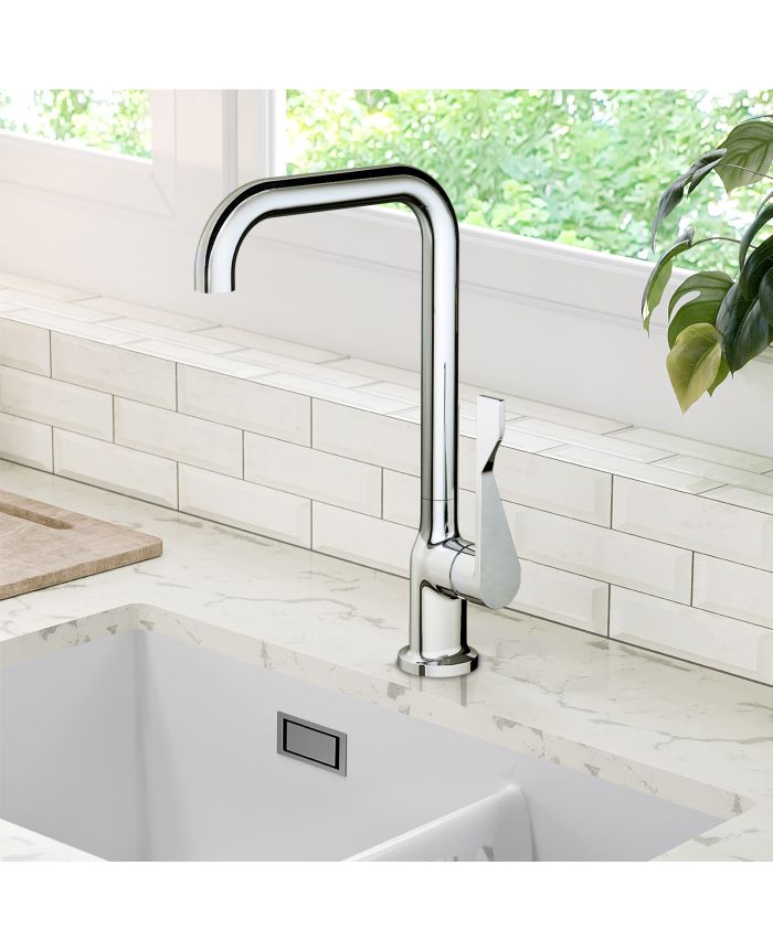 Modern Single Handle Kitchen Faucet – Chrome High Arc Swivel Sink Tap