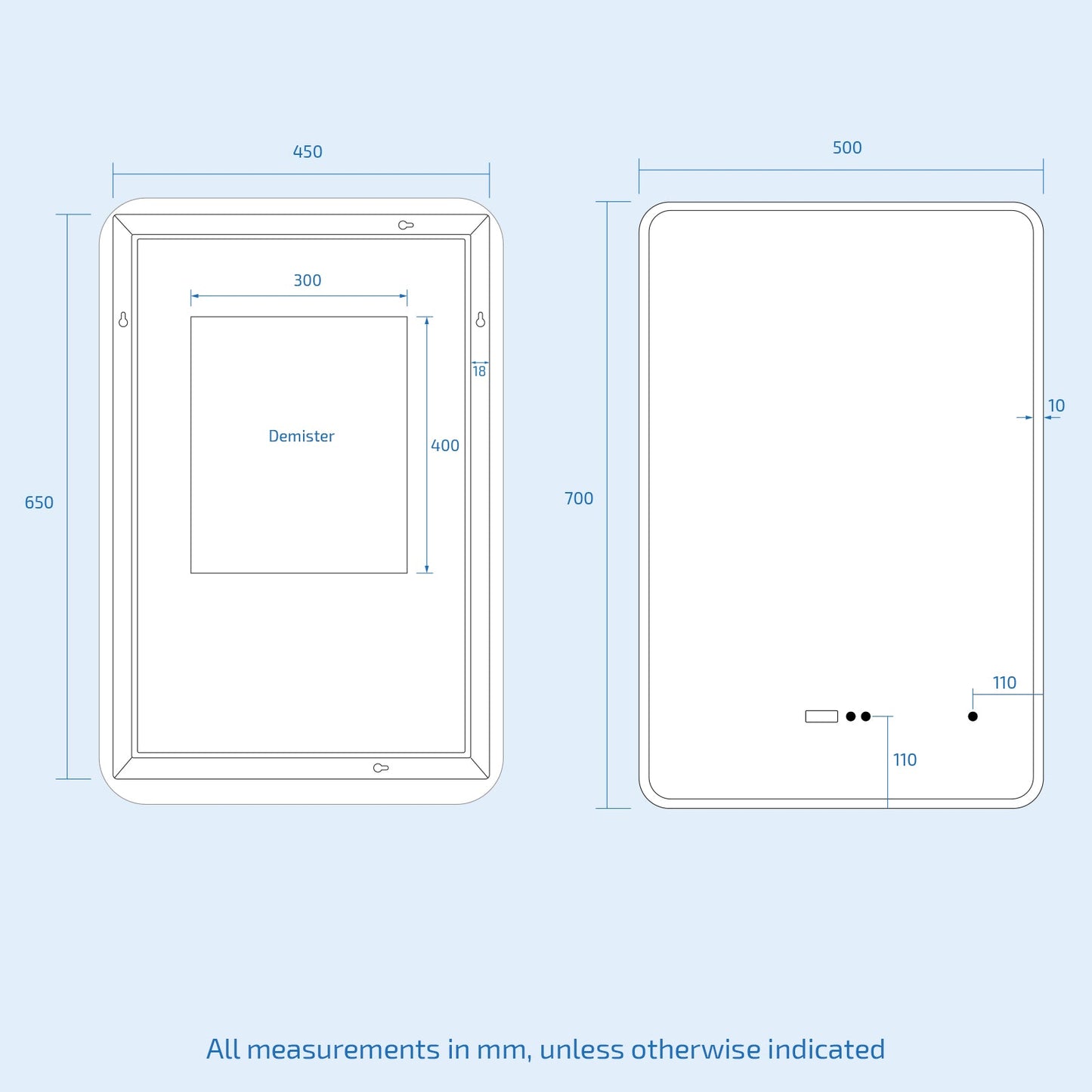 LED Rectangle Mirror 500x700mm with Bluetooth, Clock, Demister & Shaver Socket