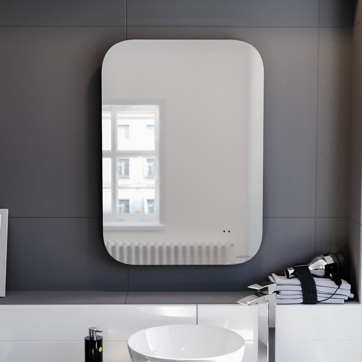 LED Round Corner Mirror 500x700mm with Demister & Shaver Socket Included