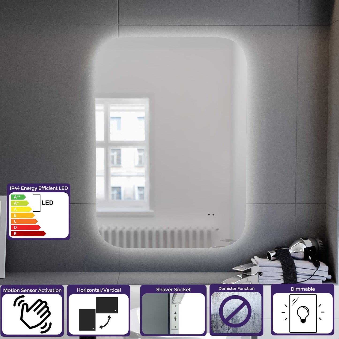 LED Round Corner Mirror 500x700mm with Demister & Shaver Socket Included