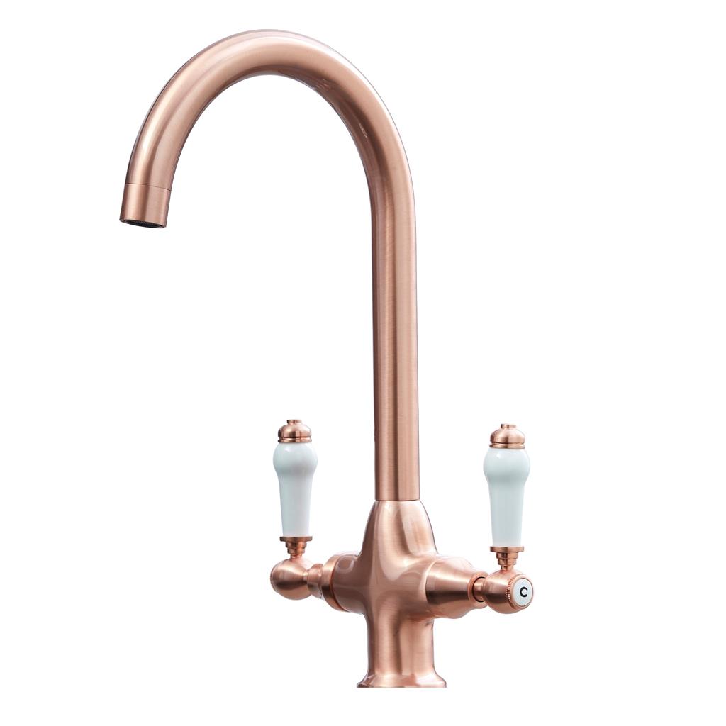 Twin Handle Kitchen Tap – Brushed Copper with White Levers