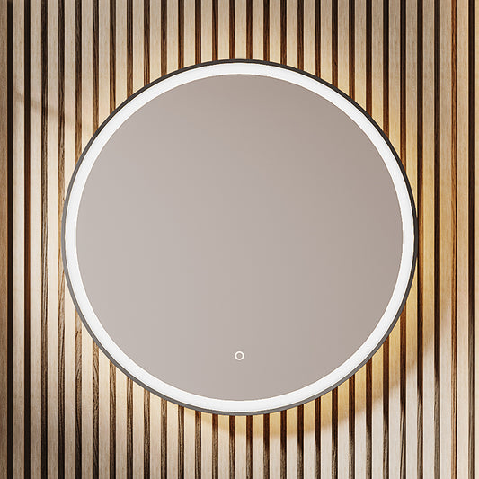 LED Round Bathroom Mirror 600mm Matt Black with Demister & 6000K LED Light