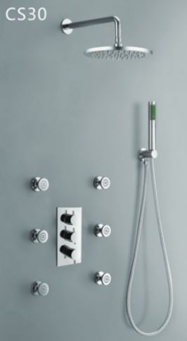 Triple Outlet Thermostatic Mixer with Round Arm, Slim Head, Hose & 6 Body Jets