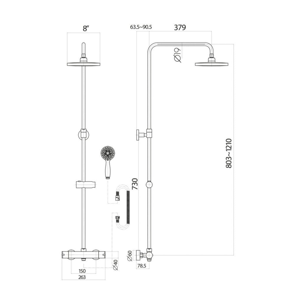 Matt Black Round Rigid Riser Shower Kit with Thermostatic Control Middleton