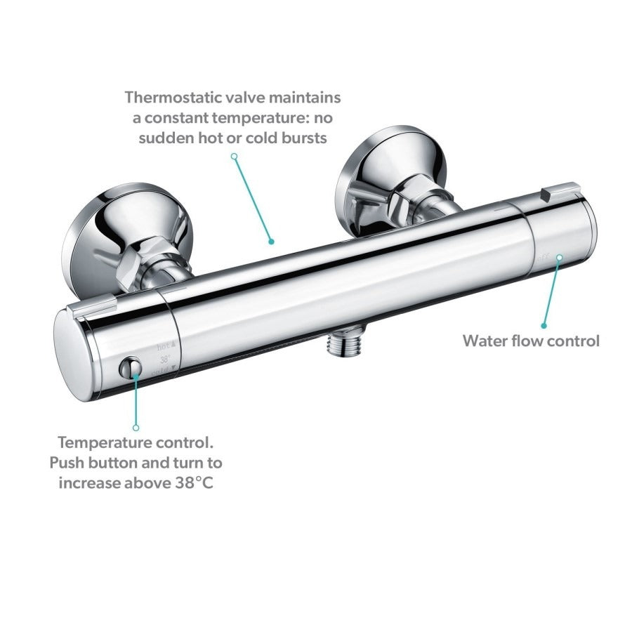 Bathroom Fort Thermostatic Round Shower Mixer Valve & Slider Rail Kit - Chrome
