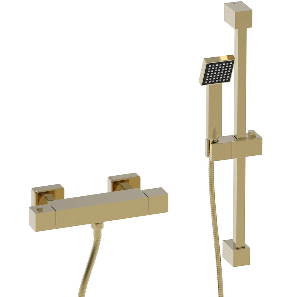 Thermostatic Square Shower Mixer Valve with Slider Rail Kit Brushed Brass Finish