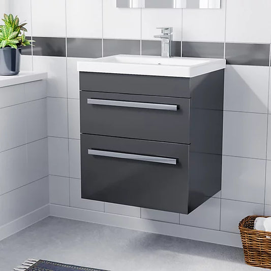 DEVON 500 Wall Hung Vanity Unit – Matt Grey with Twin Drawers & Ceramic Basin (510mm)