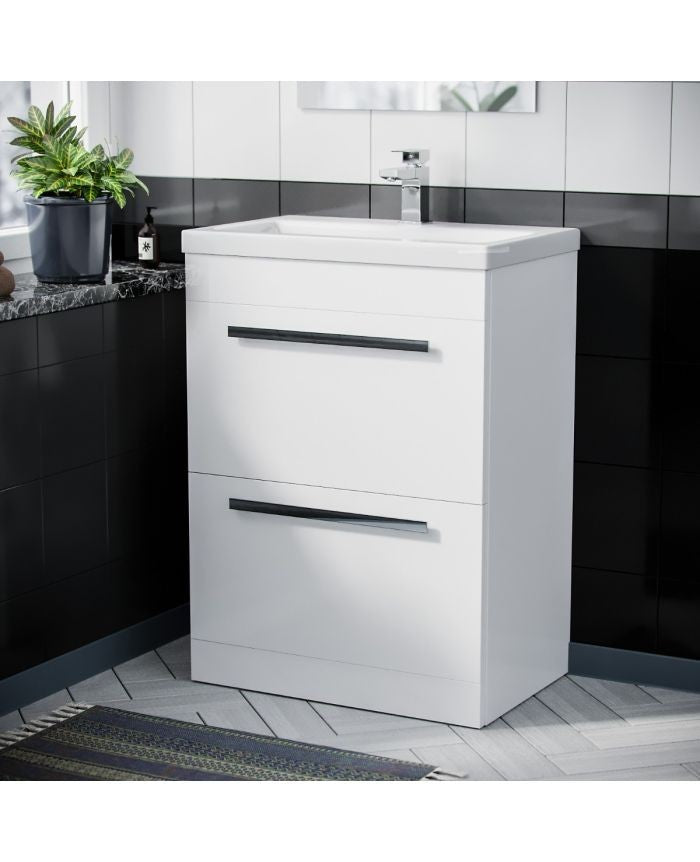 DEVON 600 Floorstanding White Drawers Ceramic Basin - 610w x 790h x 395d