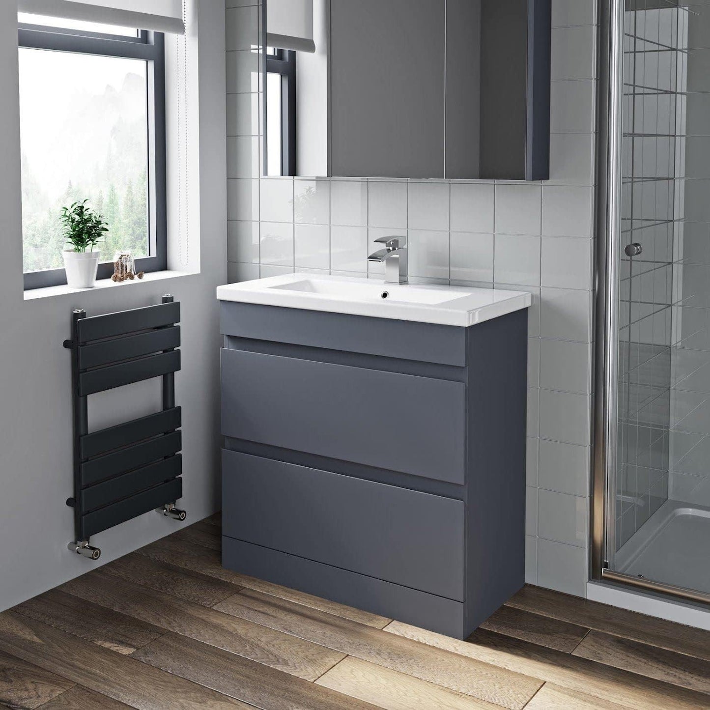 HARROW 600 Floorstanding Twin Drawer Matt Grey Ceramic Basin 610w x 840h x 395d