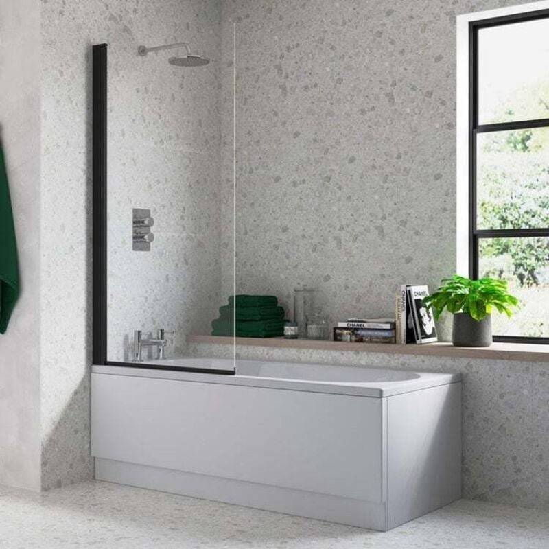 Square Edge Bath Screen Matt Black 6mm Thick - Adjustment 790-805 - 800 x 1400mm