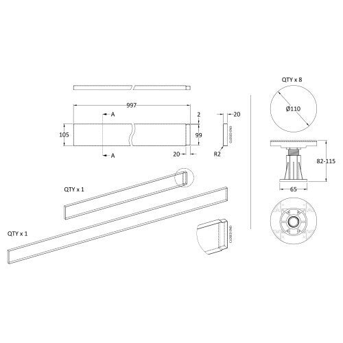 Easy Plumb Kit for 1100-1200mm Rectangular Trays - Slate Grey | LEG3S