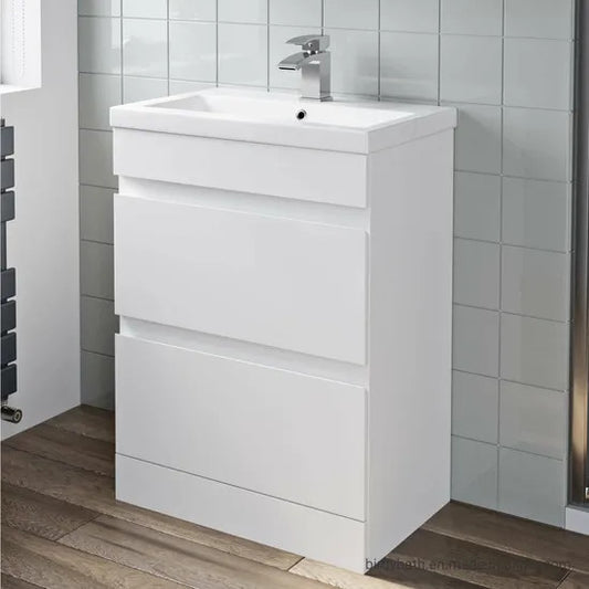 PVC Vanity 600 Floorstanding Twin Drawers • Waterproof Vanity • Ceramic Basin 610w x 840h x 395d