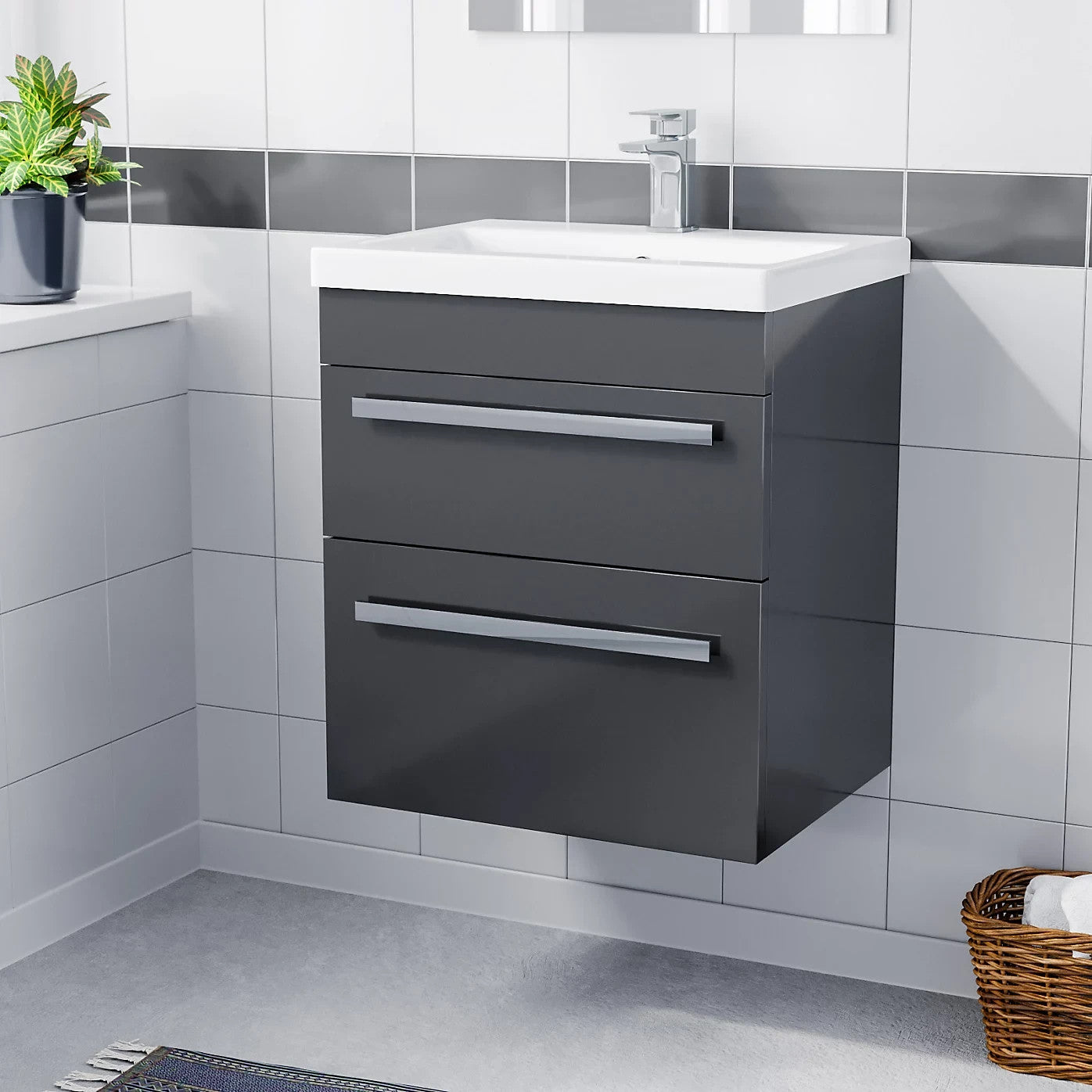 DEVON 500 Wall Hung Twin Drawers Anthracite Basin - 510w x 550h x 390d