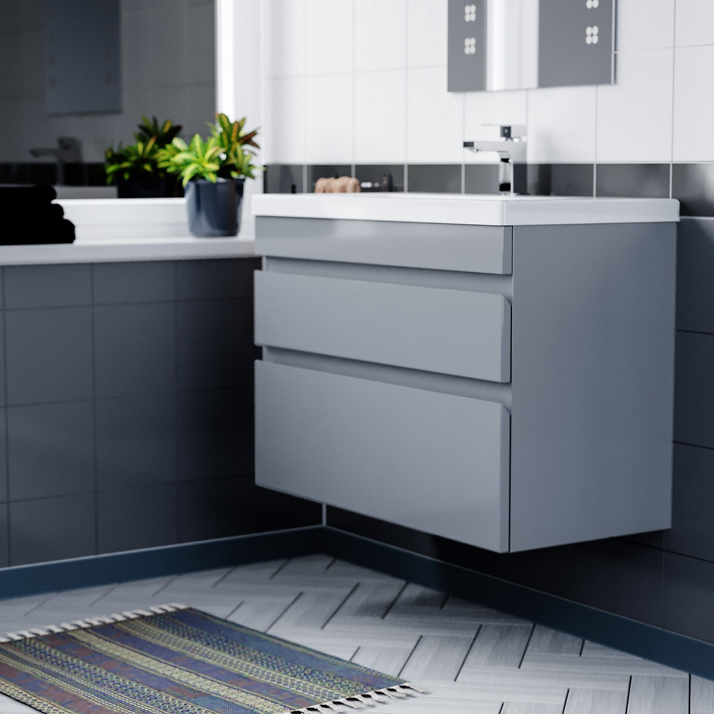 HARROW 800 Wall Hung Twin Drawer Matt Grey Ceramic Basin - 800w x 585h x 395d