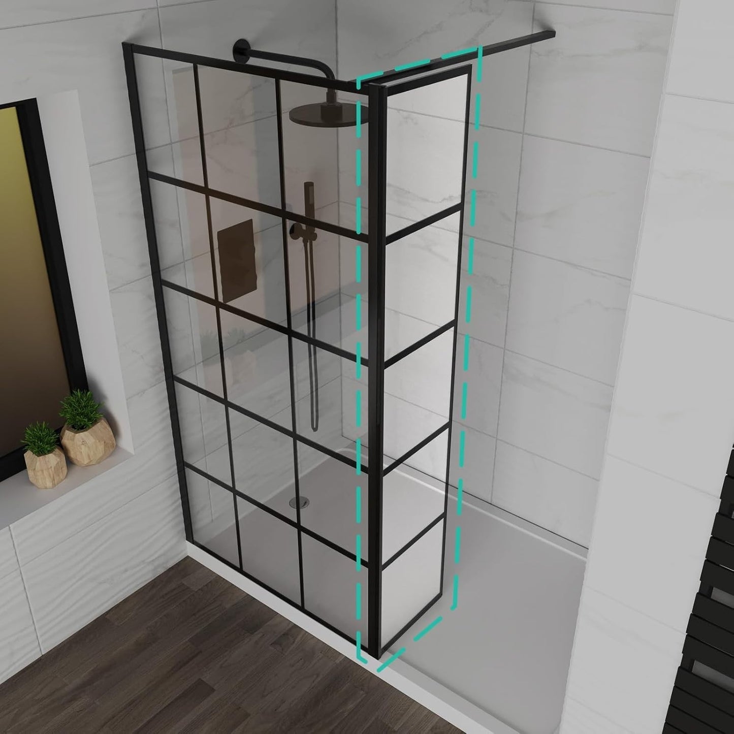 MARINA 8 Wet Room 8mm Return Panel Black Grid 300 x 1900mm
