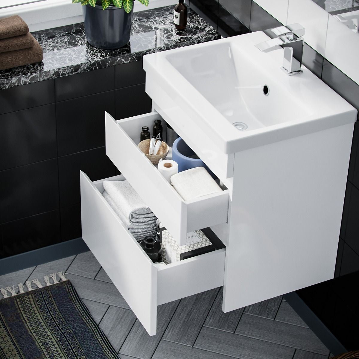 PVC Vanity 600 Wall Hung Twin Drawers White Ceramic Basin - 610w x 585h x 395d
