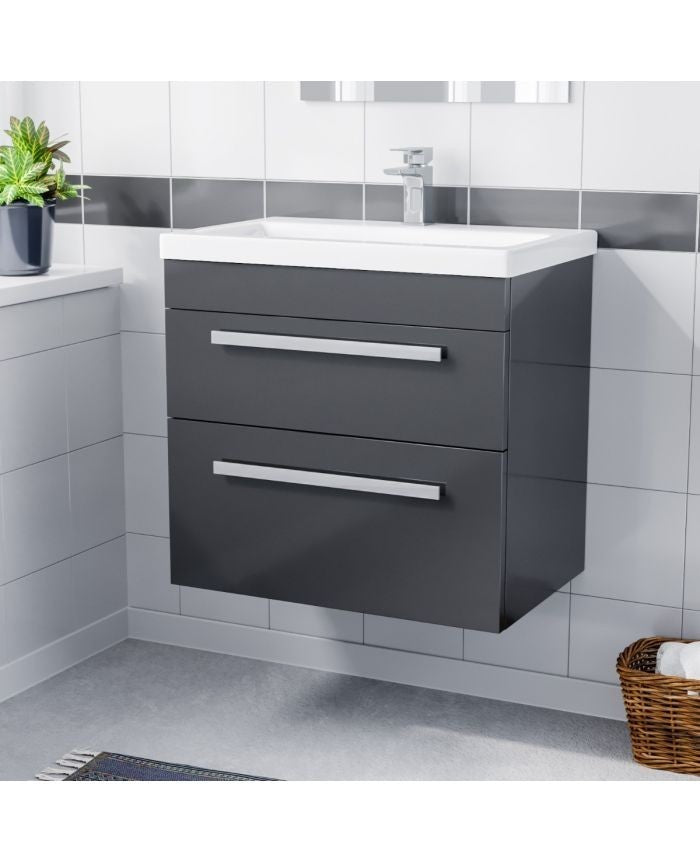 DEVON 600 Wall Hung Twin Drawers Anthracite Ceramic Basin - 610w x 585h x 395d