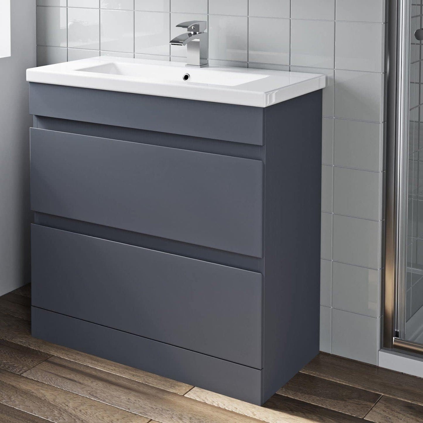 HARROW 600 Floorstanding Twin Drawer Matt Grey Ceramic Basin 610w x 840h x 395d